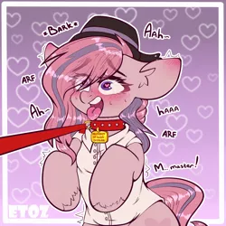 Size: 2200x2200 | Tagged: suggestive, artist:etoz, derpibooru import, oc, oc:sweet haze, unofficial characters only, pony, ahegao, bark, blushing, clothes, collar, commission, femboy, happy, hat, heart, heart eyes, horn, leash, male, master, moan, open mouth, pet, pet play, pet tag, smiling, stallion, text, tongue out, wingding eyes, ych result
