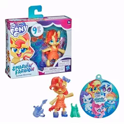 Size: 900x900 | Tagged: safe, derpibooru import, official, pinkie pie, rainbow dash, rarity, sunset shimmer, vinyl scratch, earth pony, pegasus, semi-anthro, unicorn, my little pony: pony life, boots, bow, clothes, doll, dress, female, figure, guitar, merchandise, musical instrument, my little pony logo, shoes, smashin' fashion, smiling, sunglasses, toy, toy packaging