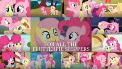 Size: 1280x721 | Tagged: safe, derpibooru import, edit, edited screencap, editor:quoterific, screencap, applejack, fluttershy, pinkie pie, earth pony, pegasus, pony, bats!, buckball season, dragonshy, filli vanilli, party of one, party pooped, putting your hoof down, scare master, the one where pinkie pie knows, the super speedy cider squeezy 6000, too many pinkie pies, balloon, confetti, female, flutterpie, implied shipping, lesbian, mare, pinkie puffs, pinktails pie, shipping