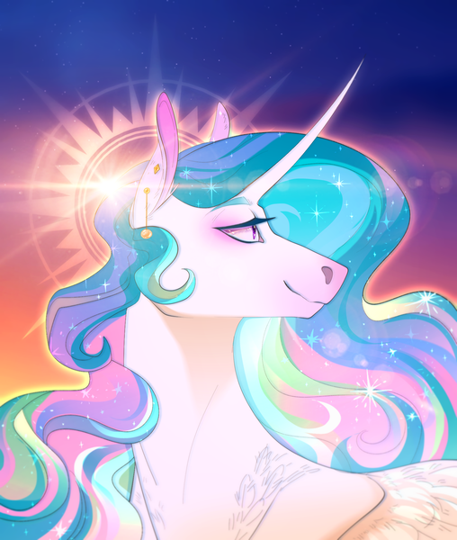 Size: 1692x2000 | Tagged: safe, artist:pumpkabooo, derpibooru import, princess celestia, alicorn, pony, bust, curved horn, ear piercing, female, get, horn, index get, lidded eyes, looking back, mare, piercing, portrait, shoulder fluff, sky, smiling, solo, stars, sun, wing fluff, x00000 milestone