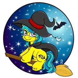 Size: 2000x2000 | Tagged: safe, artist:dawn-designs-art, derpibooru import, oc, oc:runaway train, earth pony, pony, blue mane, broom, clothes, commission, commissions open, costume, flying, flying broomstick, hat, male, nightmare night, silver eyes, solo, stallion, witch, witch costume, witch hat, yellow coat