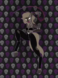 Size: 3000x4000 | Tagged: suggestive, artist:yenchey, derpibooru import, oc, oc:american venom, anthro, digitigrade anthro, belt, bra, bracelet, breasts, clothes, female, fishnet clothing, hooves, leggings, pentagram, skull, spiked wristband, spikes, tail, underwear, vampire teeth, whip, wristband