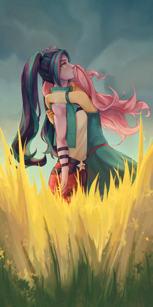 Size: 1600x3200 | Tagged: safe, artist:stummm, derpibooru import, aria blaze, fluttershy, equestria girls, ariabetes, ariashy, blushing, cute, female, hug, lesbian, outdoors, pigtails, rain, shipping, surprised