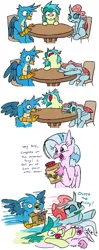 Size: 1000x2520 | Tagged: suggestive, artist:jargon scott, derpibooru import, gallus, ocellus, sandbar, silverstream, changedling, changeling, earth pony, gryphon, hippogriff, butt, chair, comic, destroy dick december, drool, food, imminent masturbation, implied masturbation, male, no nut november, peanut butter, simple background, sweat, table, trampling, white background