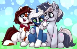 Size: 4561x2889 | Tagged: safe, derpibooru import, oc, oc:bronyast, oc:passi, unofficial characters only, earth pony, pony, unicorn, choker, glasses, piercing, sitting, spots, trio, trio male