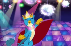 Size: 1280x836 | Tagged: safe, artist:disneymarvel96, derpibooru import, gallus, gryphon, brooch, cape, clothes, crown, dancing, disco, glow, jewelry, king, male, regalia, solo, standing