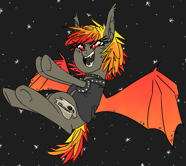 Size: 649x579 | Tagged: safe, artist:tilling-tan, derpibooru import, oc, bat pony, choker, clothes, drawthread, ear piercing, fangs, horse skull, jacket, piercing, punk, skull, space, space background, spiked choker, wing piercing