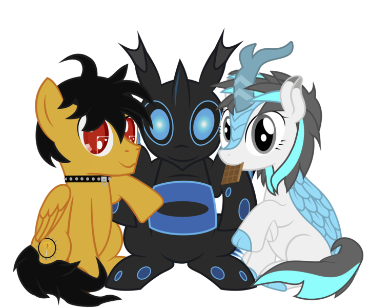 Size: 2076x1726 | Tagged: safe, artist:wheatley r.h., derpibooru import, oc, oc:blizzard flare, oc:rito, oc:w. rhinestone eyes, unofficial characters only, changeling, kirin, pegasus, pony, derpibooru community collaboration, 2021 community collab, automata, bat wings, blue changeling, changeling oc, chocolate bar, honeypot changeling, kirin oc, messy tail, one hoof raised, pegasus oc, simple background, transparent background, vector, wings