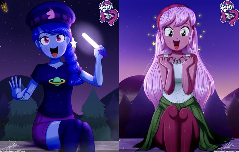 Size: 983x624 | Tagged: safe, artist:the-butch-x, derpibooru import, edit, raspberry lilac, space camp (character), equestria girls, equestria girls series, sunset's backstage pass!, spoiler:eqg series (season 2), bandana, butch's hello, clothes, cute, equestria girls logo, female, glowstick, happy, hat, hello x, jewelry, lesbian, looking at you, necklace, night, not cheerilee, open mouth, outdoors, shipping, shorts, sitting, smiling, spacelilac, tanktop, tree, waving, waving at you