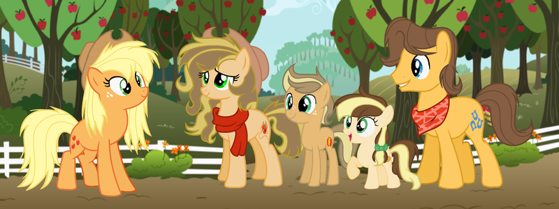 Size: 3345x1254 | Tagged: safe, artist:cvatomira, derpibooru import, applejack, caramel, oc, pony, carajack, clothes, colt, family, female, filly, freckles, male, offspring, parent:applejack, parent:caramel, parents:carajack, scarf, shipping, straight, sweet apple acres