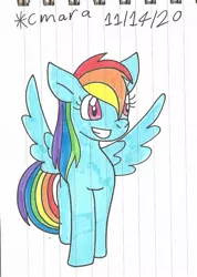 Size: 777x1092 | Tagged: safe, artist:cmara, derpibooru import, rainbow dash, pegasus, pony, female, grin, mare, simple background, smiling, solo, spread wings, traditional art, white background, wings