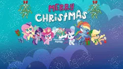 Size: 2048x1152 | Tagged: safe, derpibooru import, official, screencap, applejack, fluttershy, pinkie pie, rainbow dash, rarity, twilight sparkle, twilight sparkle (alicorn), alicorn, earth pony, pegasus, pony, unicorn, my little pony: pony life, christmas, christmas presents, clothes, discovery family logo, hasbro, hat, holiday, mane six, merry christmas, my little pony logo, present, scarf, stars, winter outfit, youtube banner