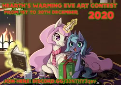 Size: 1400x986 | Tagged: safe, artist:grasspainter, derpibooru import, princess celestia, princess luna, alicorn, pony, bag, book, box, chocolate, christmas, clothes, contest, cup, cute, discord (program), drink, female, filly, fire, fireplace, food, happy, hearth's warming eve, holiday, hot chocolate, levitation, lying down, magic, mug, open mouth, pink-mane celestia, pointy ponies, present, prone, royal sisters, rug, scarf, siblings, sisters, smiling, telekinesis, woona, wreath, younger