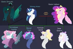 Size: 1280x854 | Tagged: safe, artist:itstechtock, derpibooru import, princess cadance, princess flurry heart, queen chrysalis, shining armor, oc, oc:boreal dusk, oc:platinum shield, oc:snow quartz, changepony, hybrid, pony, female, interspecies offspring, male, offspring, parent:princess cadance, parent:queen chrysalis, parent:shining armor, parents:shining chrysalis, parents:shiningcadance, shiningcadance, shipping, straight