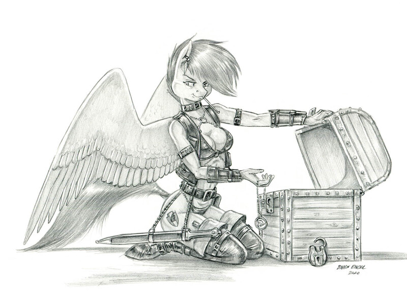 Size: 1400x1045 | Tagged: suggestive, artist:baron engel, derpibooru import, scootaloo, anthro, pegasus, unguligrade anthro, boots, breasts, clothes, female, high heel boots, image, jpeg, monochrome, older, older scootaloo, pencil drawing, shoes, solo, story included, sword, traditional art, treasure chest, weapon