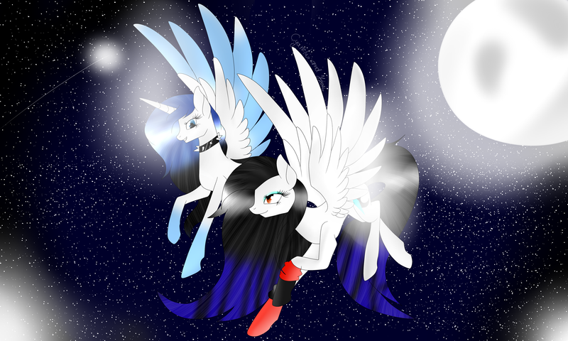 Size: 5000x3000 | Tagged: safe, artist:crysalisgalaxy, artist:minelvi, derpibooru import, oc, unofficial characters only, alicorn, pegasus, pony, alicorn oc, collaboration, duo, flying, full moon, horn, moon, night, pegasus oc, stars, wings