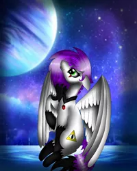 Size: 1080x1350 | Tagged: safe, artist:rxndxm.artist, derpibooru import, oc, unofficial characters only, pegasus, pony, jupiter, looking up, pegasus oc, planet, raised hoof, solo, space, stars, wings