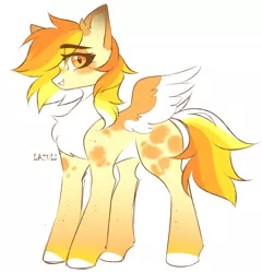 Size: 2500x2604 | Tagged: safe, artist:lazuli, derpibooru import, oc, unofficial characters only, pegasus, pony, chest fluff, colored hooves, pegasus oc, signature, simple background, solo, two toned wings, white background, wings
