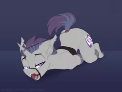 Size: 1800x1362 | Tagged: suggestive, artist:airfly-pony, derpibooru import, oc, oc:verlo streams, unofficial characters only, pony, unicorn, bondage, gag, horn, horn ring, jewelry, male, malesub, ring, ring gag, slit eyes, solo, solo male, submissive, tail holder