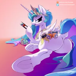 Size: 2048x2048 | Tagged: safe, artist:foxnose, derpibooru import, princess celestia, alicorn, pony, abstract background, butt, female, food, frog (hoof), high res, lying, mare, plot, sunbutt, sushi, tail, underhoof, wasabi