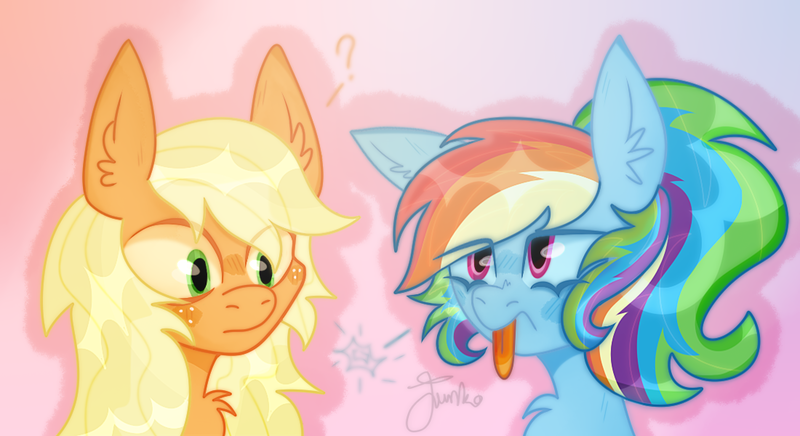 Size: 1100x600 | Tagged: safe, artist:junko, derpibooru import, applejack, rainbow dash, earth pony, pegasus, pony, alternate hairstyle, chest fluff, confused, digital art, ear fluff, eyelashes, female, floppy ears, grumpy, grumpy dash, hatless, mare, missing accessory, pink background, ponytail, scrunchy face, signature, simple background, tongue out, unamused