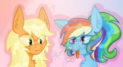 Size: 1100x600 | Tagged: safe, artist:junko, derpibooru import, applejack, rainbow dash, earth pony, pegasus, pony, alternate hairstyle, chest fluff, confused, digital art, ear fluff, eyelashes, female, floppy ears, grumpy, grumpy dash, hatless, mare, missing accessory, pink background, ponytail, scrunchy face, signature, simple background, tongue out, unamused
