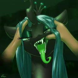 Size: 1080x1080 | Tagged: safe, artist:dmann892, derpibooru import, queen chrysalis, changeling, changeling queen, crown, disembodied hand, fangs, female, finger in mouth, forked tongue, hand, jewelry, looking at you, maw, mawshot, open mouth, regalia, sharp teeth, teeth, this will end in tears, tongue out