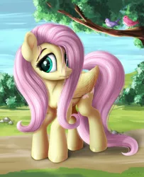 Size: 1911x2351 | Tagged: safe, artist:awalex, derpibooru import, fluttershy, bird, pegasus, pony, friendship is magic, cute, female, folded wings, hair over one eye, head turn, looking sideways, mare, outdoors, scene interpretation, shy, shyabetes, solo, standing, stray strand, tree, tree branch, wings