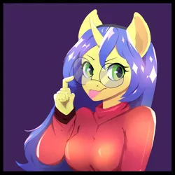 Size: 3000x3000 | Tagged: safe, artist:paperbagger, derpibooru import, oc, oc:logical leap, anthro, unicorn, >:p, anthro oc, clothes, commission, female, glasses, image, looking at you, png, solo, sweater, tongue out, ych result