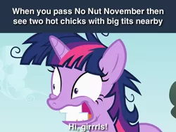 Size: 640x480 | Tagged: suggestive, derpibooru import, edit, edited screencap, editor:tngjstn, screencap, twilight sparkle, pony, unicorn, lesson zero, caption, creepy, funny, funny as hell, hi girls, insanity, meme, no nut november, op is a duck, shitposting, slasher smile, solo, twilight snapple