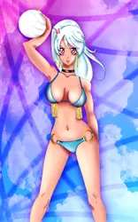 Size: 750x1200 | Tagged: suggestive, artist:kyle23emma, derpibooru import, cloudchaser, human, absolute cleavage, bikini, blue background, breasts, busty cloudchaser, cleavage, clothes, cloud, complex background, ear piercing, earring, female, hairpin, humanized, jewelry, looking at you, piercing, ring bikini, sexy, simple background, sky background, solo, solo female, sports, stupid sexy cloudchaser, swimsuit, volleyball