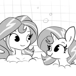 Size: 3000x3000 | Tagged: safe, artist:tjpones, derpibooru import, sunset shimmer, pony, unicorn, equestria girls, bath, black and white, bubble bath, cute, female, grayscale, high res, human ponidox, looking at each other, mare, monochrome, self ponidox, shimmerbetes