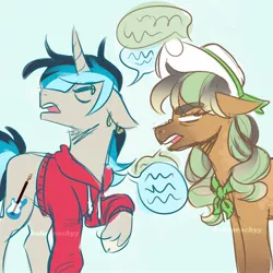 Size: 1280x1280 | Tagged: safe, artist:hehepeachyy, derpibooru import, oc, oc:blue bass, oc:sweet harmony, unofficial characters only, earth pony, pony, unicorn, annoyed, clothes, cowboy hat, duo, female, floppy ears, hat, hoodie, magical lesbian spawn, male, mare, offspring, parent:applejack, parent:coloratura, parent:octavia melody, parent:vinyl scratch, parents:rarajack, parents:scratchtavia, speech bubble, stallion