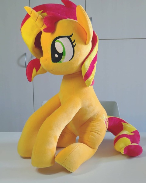 Size: 1440x1800 | Tagged: safe, artist:nekokevin, derpibooru import, sunset shimmer, pony, unicorn, chair, female, irl, mare, photo, plushie, side view, sitting, smiling, solo, table