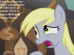 Size: 1440x1080 | Tagged: safe, derpibooru import, edit, edited screencap, screencap, derpy hooves, pony, slice of life (episode), angry, censored vulgarity, cropped, doctor whooves' lab, female, frown, grawlixes, implied dinky, implied doctor whooves, mare, open mouth, solo, wingdings