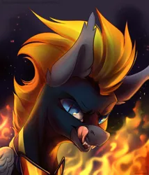 Size: 3000x3500 | Tagged: safe, artist:mithriss, derpibooru import, oc, oc:blaze (shadowbolt), unofficial characters only, pegasus, pony, bust, fire, slit eyes, solo