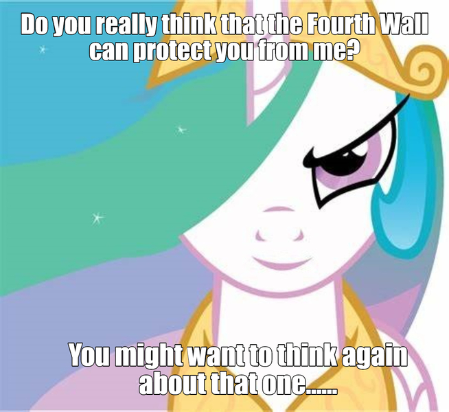 Size: 1126x1033 | Tagged: safe, derpibooru import, princess celestia, breaking the fourth wall, caption, evil smirk, fourth wall, inverted mouth, looking at you, meme, smiling, smirk, text, the fourth wall cannot save you