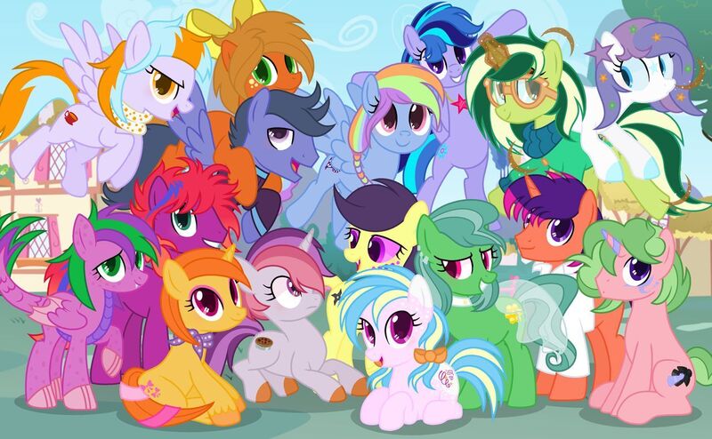 Size: 1280x790 | Tagged: safe, artist:razorbladetheunicron, derpibooru import, oc, oc:blizzard, oc:caramel ambrosia, oc:cardamom, oc:citrus surprise, oc:confetti balloon, oc:dewdrop glisten, oc:disco lights, oc:firestorm swirl, oc:frozen aurora, oc:iridescent garnet, oc:keyana crust, oc:pecan pie, oc:prairie, oc:rose gold, oc:shoofly pie, oc:skyline wonder, unofficial characters only, cat, cat pony, dracony, earth pony, hybrid, original species, pegasus, pony, unicorn, lateverse, adopted, adopted offspring, base used, bow, brother and sister, choker, clothes, cousins, ear piercing, earring, female, glasses, group, hair bow, interspecies offspring, jacket, jewelry, lab coat, magic, magical lesbian spawn, male, necklace, next generation, offspring, parent:amethyst star, parent:applejack, parent:big macintosh, parent:birch bucket, parent:capper dapperpaws, parent:cayenne, parent:cloudchaser, parent:flash sentry, parent:flitter, parent:limestone pie, parent:lotus blossom, parent:marble pie, parent:oc, parent:oc:ace arrow, parent:pinkie pie, parent:prince blueblood, parent:rainbow dash, parent:saffron masala, parent:soarin', parent:spike, parent:sugar belle, parent:thunderlane, parent:twilight sparkle, parent:vinyl scratch, parents:amespike, parents:bluemasala, parents:canon x oc, parents:flashlight, parents:flitterlane, parents:limin', parents:lotusbucket, parents:marbenne, parents:rainbowchaser, parents:saffer, parents:sugarmac, parents:vinylpie, piercing, ponyville, scarf, siblings, sisters, skirt, sweater, unshorn fetlocks