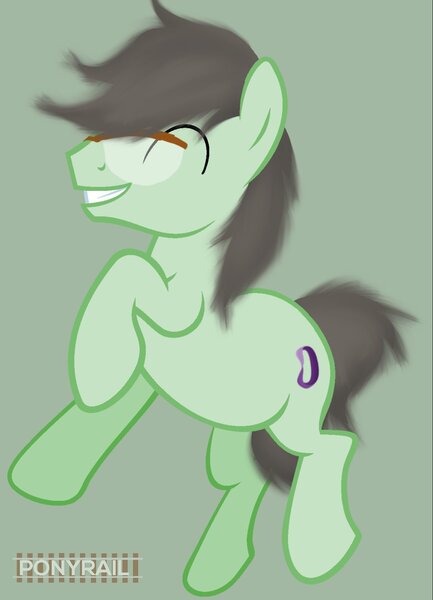 Size: 1153x1597 | Tagged: safe, artist:indonesiarailroadpht, artist:ponyrailartist, derpibooru import, oc, oc:paradox, unofficial characters only, earth pony, pony, close eyes, glasses, male, open mouth, show accurate, simple background, smiling, solo, stallion