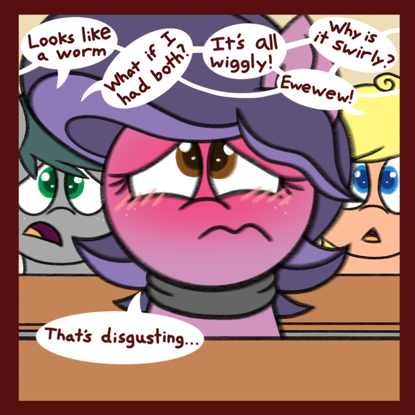 Size: 1200x1200 | Tagged: suggestive, artist:thebadbadger, derpibooru import, oc, oc:vela luz, unofficial characters only, pony, blushing, bust, dialogue, frown, sex education