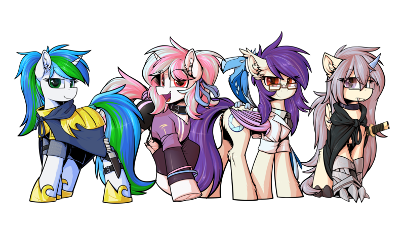 Size: 3779x2160 | Tagged: safe, artist:movieskywalker, derpibooru import, oc, oc:cyanine willow, oc:moontrace, oc:sharlight twiler, oc:sunset cloudy, unofficial characters only, bat pony, dracony, dragon, hybrid, ice phoenix, phoenix, pony, unicorn, derpibooru community collaboration, 2021 community collab, armor, bat pony oc, bat wings, cloak, clothes, crystal horn, doctor, dracony oc, female, frog (hoof), glasses, green eyes, group, group photo, guardsmare, hoof shoes, horn, looking at you, mare, multicolored eyes, multicolored hair, red eyes, royal guard, shorts, simple background, smiling, sports outfit, sports shorts, transparent background, underhoof, unicorn oc, uniform, white skin, wings, yellow skin