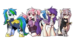 Size: 3779x2160 | Tagged: safe, artist:movieskywalker, derpibooru import, oc, oc:cyanine willow, oc:moontrace, oc:sharlight twiler, oc:sunset cloudy, unofficial characters only, bat pony, dracony, dragon, hybrid, ice phoenix, phoenix, pony, unicorn, derpibooru community collaboration, 2021 community collab, armor, bat pony oc, bat wings, cloak, clothes, crystal horn, doctor, dracony oc, female, frog (hoof), glasses, green eyes, group, group photo, guardsmare, hoof shoes, horn, looking at you, mare, multicolored eyes, multicolored hair, red eyes, royal guard, shorts, simple background, smiling, sports outfit, sports shorts, transparent background, underhoof, unicorn oc, uniform, white skin, wings, yellow skin