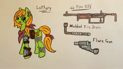 Size: 3052x1717 | Tagged: safe, artist:dice-warwick, derpibooru import, oc, oc:lottery, earth pony, pony, fallout equestria, armored legs, clothes, ear piercing, freckles, gun, piercing, scarf, solo, weapon