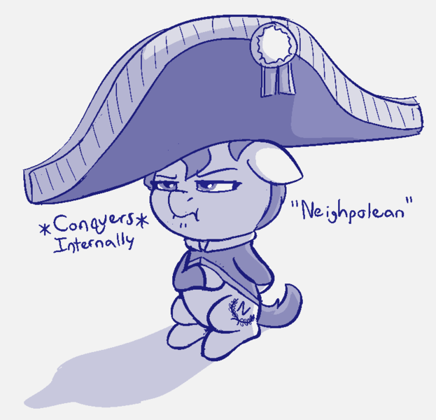 Size: 802x773 | Tagged: safe, artist:heretichesh, derpibooru import, oc, oc:neighpolean, pony, clothes, female, filly, hat, impossibly large hat, monochrome, napoleon bonaparte, ribbon, sketch, text