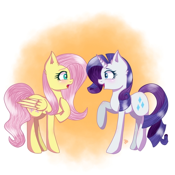 Size: 3098x3098 | Tagged: safe, artist:galaxy swirl, derpibooru import, fluttershy, rarity, pegasus, pony, unicorn, abstract background, blushing, female, flarity, hoof on chest, lesbian, looking at each other, open mouth, profile, raised hoof, shipping, smiling, standing, surprised, wings