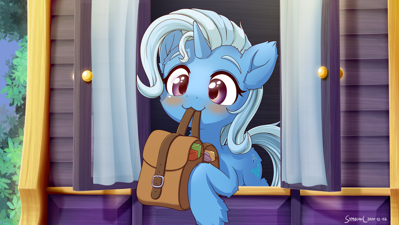 Size: 2840x1600 | Tagged: safe, artist:symbianl, derpibooru import, trixie, pony, unicorn, to where and back again, :3, bag, blushing, butt fluff, cheek fluff, cute, diatrixes, ear fluff, female, fluffy, hoof fluff, leaning, leg fluff, mare, mouth hold, nom, saddle bag, scene interpretation, smiling, solo, sweet dreams fuel, symbianl is trying to murder us, to saddlebags and back again, trixie's wagon, unshorn fetlocks, weapons-grade cute