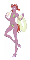 Size: 594x1200 | Tagged: suggestive, artist:doomy, derpibooru import, oc, oc:soulcapturer, unofficial characters only, anthro, unguligrade anthro, unicorn, bandaid, belly button, bikini, breasts, clothes, digital art, drink, drinking, female, horn, looking at you, simple background, small breasts, solo, solo female, swimsuit, tail, thighs, white background