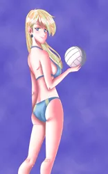 Size: 750x1200 | Tagged: safe, artist:kyle23emma, derpibooru import, sunshower raindrops, human, ass, bikini, blonde, blonde hair, breasts, butt, clothes, confident, ear piercing, earring, highlights, holding, humanized, jewelry, looking at you, looking back, looking back at you, looking over shoulder, piercing, purple background, sexy, sideboob, simple background, smiling, smirk, smug, solo, sports, swimsuit, volleyball
