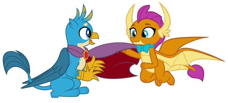 Size: 1280x578 | Tagged: safe, artist:cloudyglow, artist:disneymarvel96, artist:memnoch, derpibooru import, edit, vector edit, gallus, smolder, dragon, gryphon, accessories, bowtie, brooch, cape, clothes, dragoness, duo, female, male, simple background, vector, white background