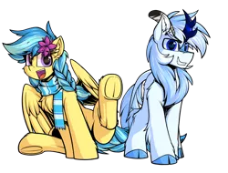 Size: 2842x2160 | Tagged: safe, artist:movieskywalker, derpibooru import, oc, oc:code quill, oc:jeppesen, unofficial characters only, kirin, pegasus, pony, derpibooru community collaboration, 2021 community collab, braid, clothes, cloven hooves, duo, feather, female, flower, flower in hair, frog (hoof), group photo, kirin oc, looking at you, male, multicolored hair, open mouth, pegasus oc, quill, scarf, simple background, smiling, transparent background, underhoof, wings, yellow skin